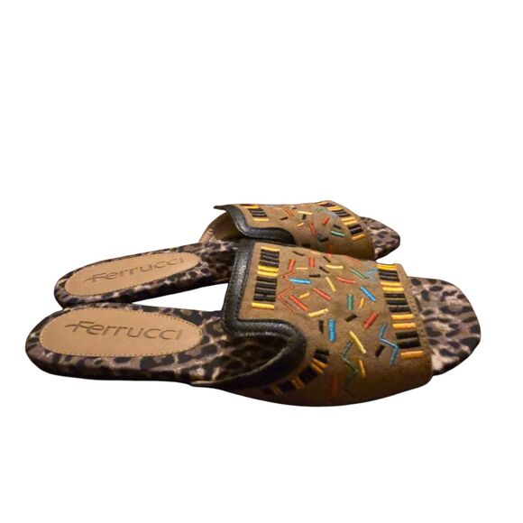 Ferrucci Leopard Embroidered Sandal US 7B Leather Suede Hand Made Maximalist - Picture 3 of 12